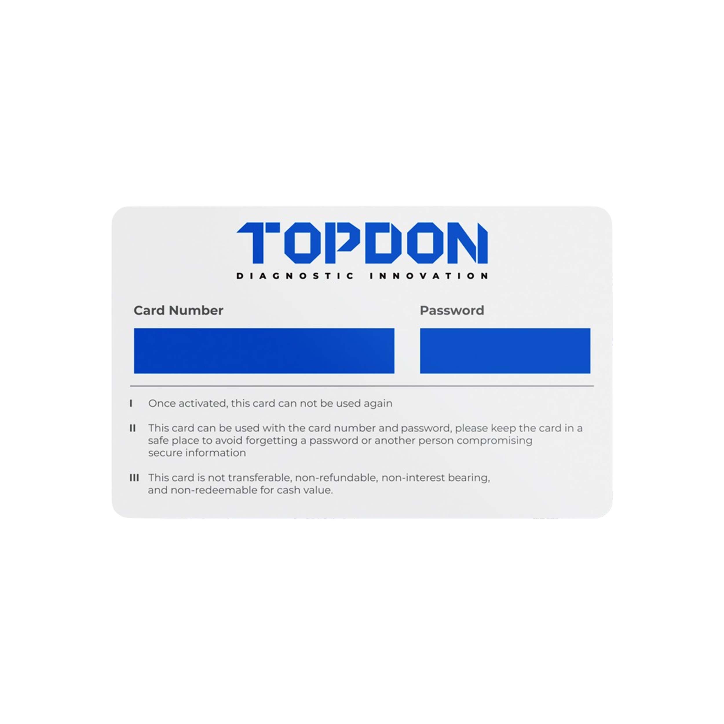 TOPDON HD add-on card from the back showing information about the card number and password.